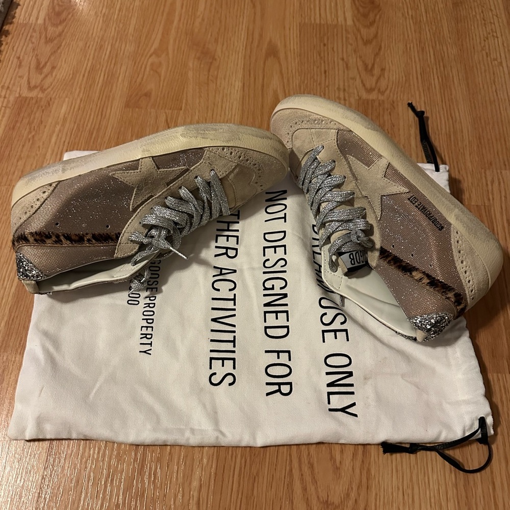 Golden Goose Tan and Leopard Print Sneakers